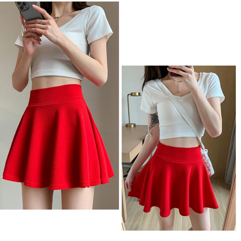 Summer Basic Skirts Women Shorts Mini Elastic Pleated Skirts High Waist Bubble Sun Skirts School Girl Uniform Lined Safety Pants