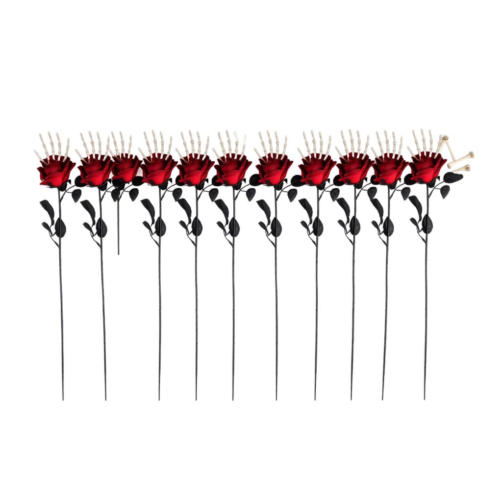 10 Piece Skeleton Hand Artificial Rose Flower Insert Branch Decorative Props for Halloween Horror Party Ghost Festival Table Centerpiece