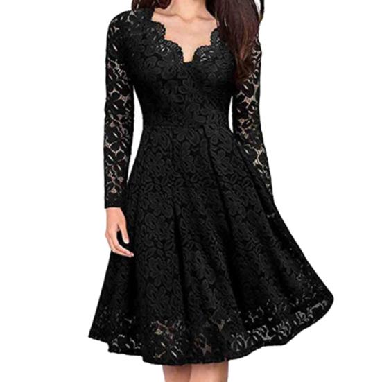 Retro Women Lace Floral V Neck Long Sleeve Tight Waist A-line Party Midi Dress