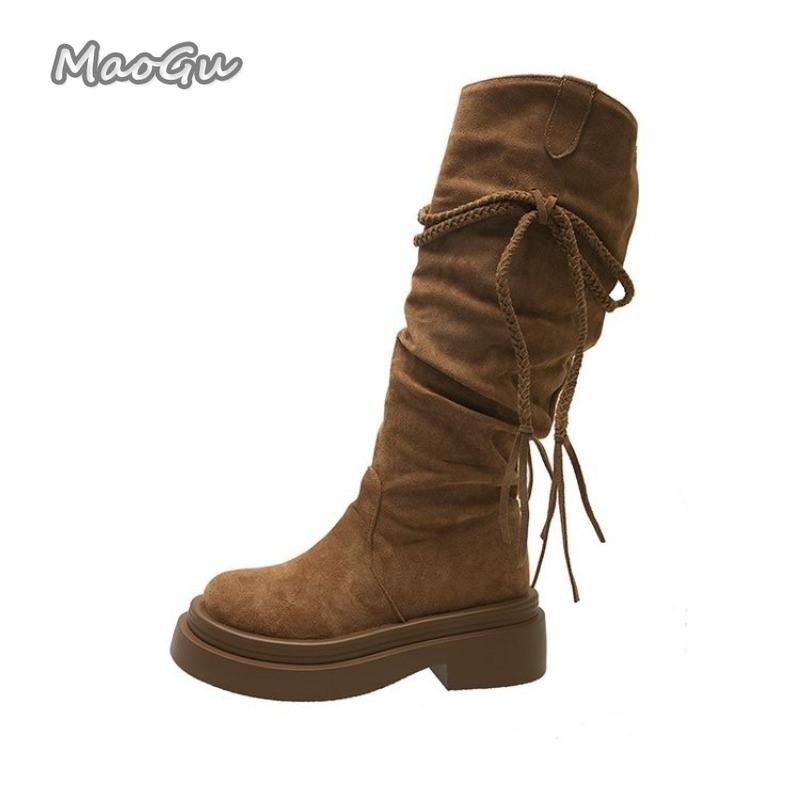 Fashion Thick Bottom Women's Knee-High Long Boots Autumn Winter Pleated Fringe Black Boots 2025 New Fashion Botas Mujer Size 35 40