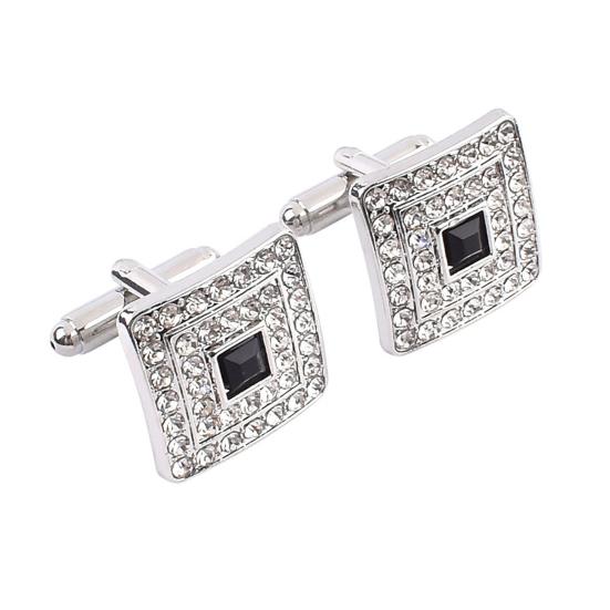 1 Pair Men Polished Cufflinks Rhinestones Inlaid Smooth Surface Rectangle Round Twist 1