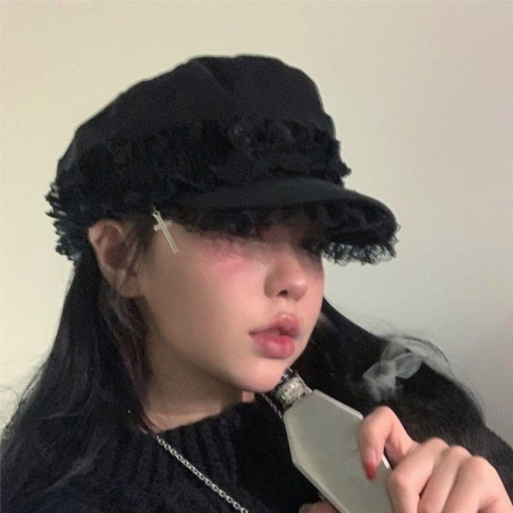Cool Black Y2K Hat Girl Double Layer Lace Outdoor Sun Hat Versatile Lace Beret Caps  Women Ladies