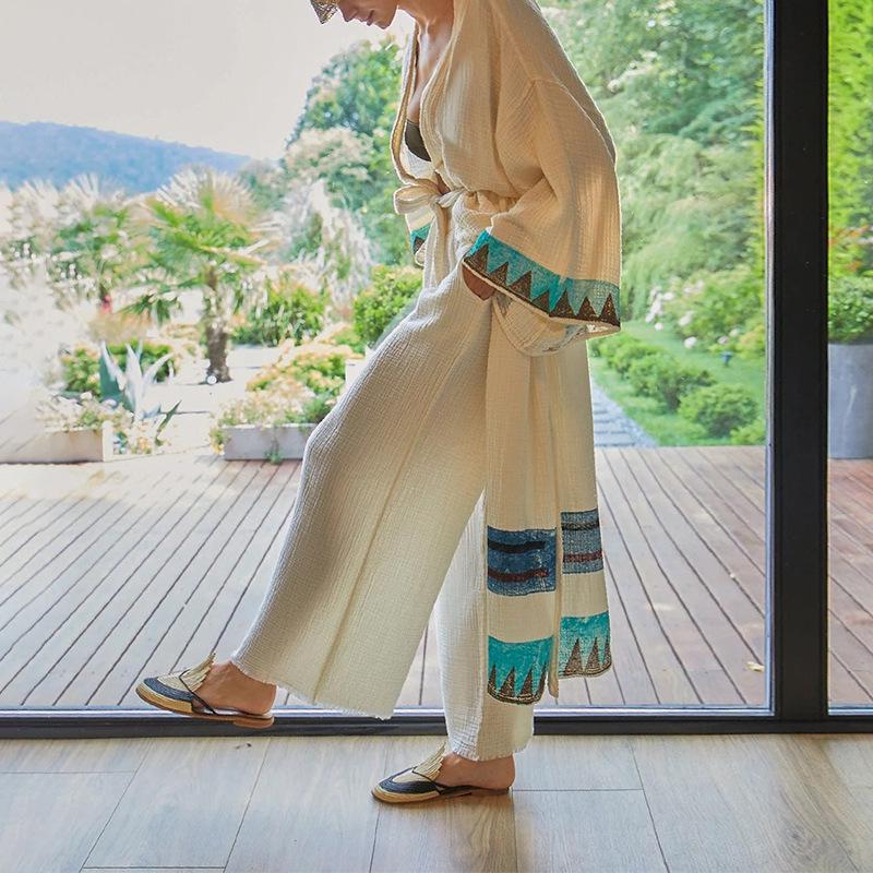 High-Waisted Wide-Leg Cotton Gauze Trousers with Loose Edge Design for Women