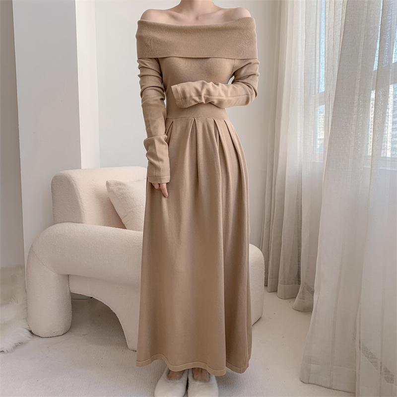 Koreanisches Strickkleid mit Carmen-Ausschnitt für Damen, Herbst, neu, Patchwork, langärmelig, Mode, einfarbig, Party-Langkleid, Winter