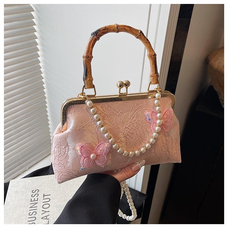 2025 New Spring and Summer Niche Portable Small Square Bag Pearl Shoulder Embroidered Butterfly Cheongsam Messenger Bag