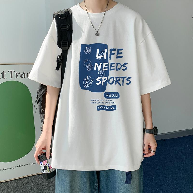 100% Cotton Printed Short Sleeve T-shirt Men's Half-sleeved Men's Fashion Brand Ins American Loose Body Shirt Men's Top