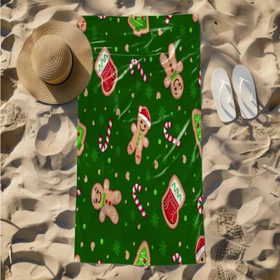1pc Festive Christmas Gingerbread and Candy Cane Pattern 2D Printed Microfiber Beach Towel, Quick Dry Super Absorbent. Great for