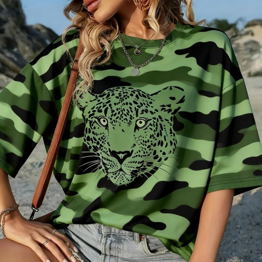 Summer Europe and America Leopard Print T Shirt Women's Short Sleeve Casual Tee Tops Women Retro Street Fashion Oversize T-shirt Clothing