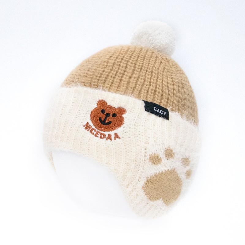 Autumn and winter new children's thermal hat cute bear double ball hat baby warm ear protector knitted wool hat