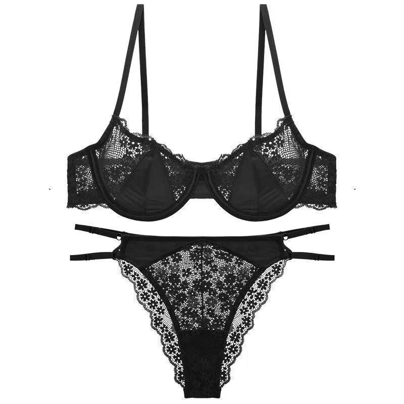 French Lace Half-Cup Bra Set: Ultra-Thin, Sexy Design for Enhanced Pure Desire and Anti-Sagging, Perfect for Big To Small Chest Transition.