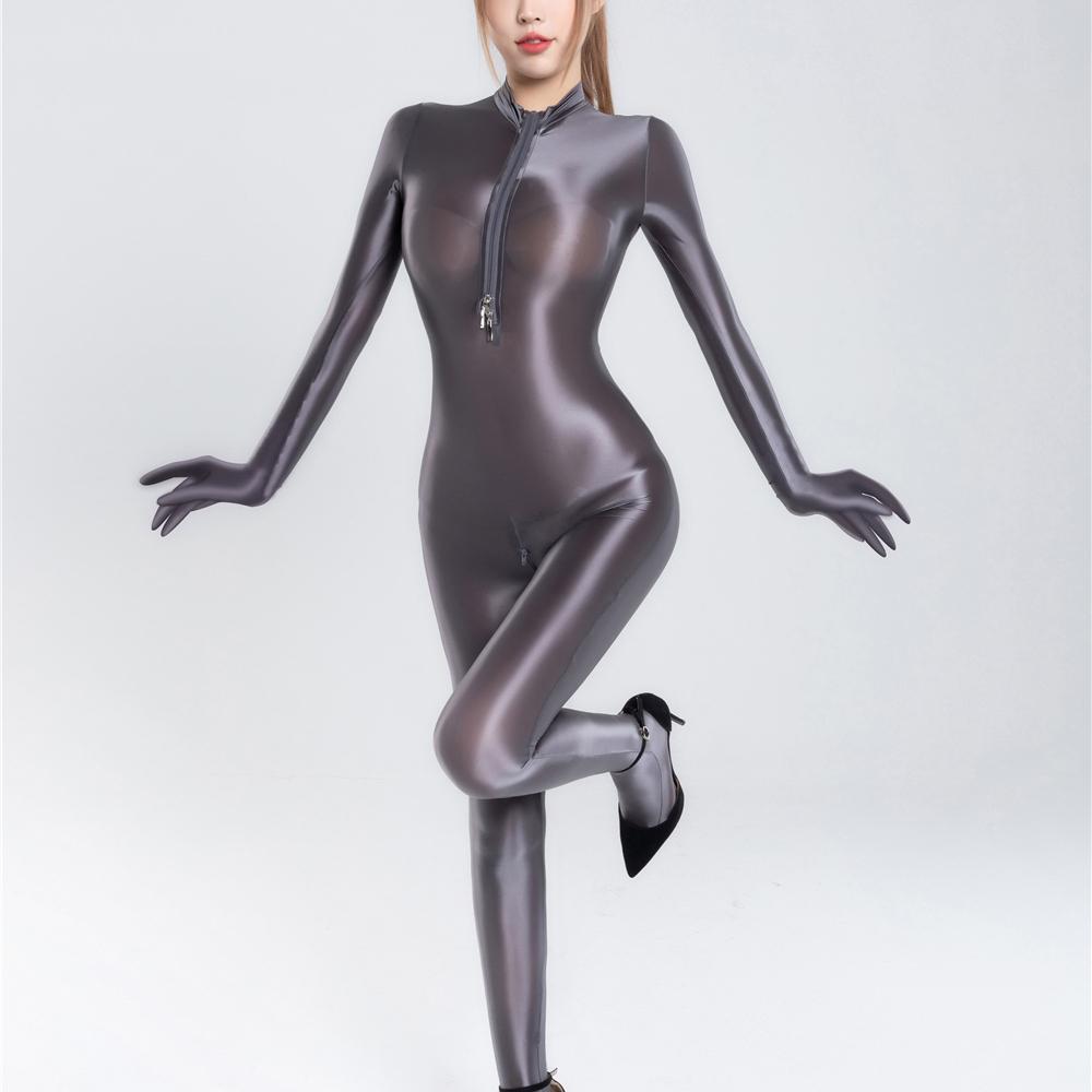 Womens Shiny Satin Glossy Silky Leotard Jumpsuit 2 Zipper Open Bust & Crotch Bodysuit Catsuit