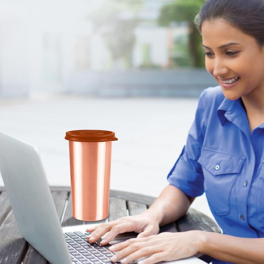 Copper Drinking Water Tumbler with Lid, 1 Piece, 480 Ml, Copper | 100% Leak Proof | Office | Gym | Yoga