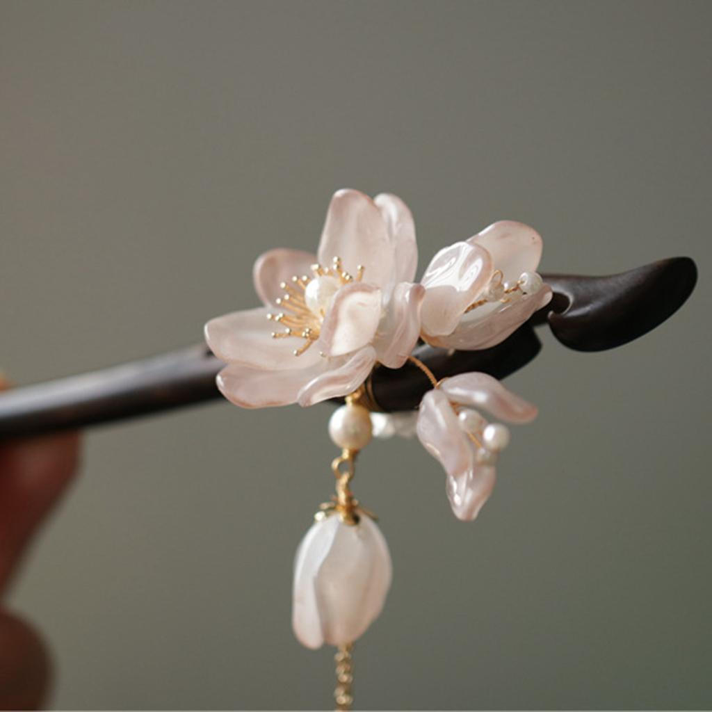Pink Flower Hair Pin Retro Chinese Style Wooden Hair Sticks Floral Headpieces Pendant Hair Jewelry Women Hanfu Dress Hair Clip