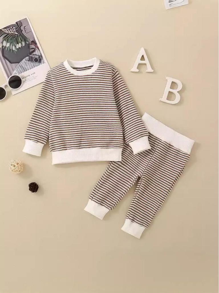 Set T-shirt a maniche lunghe a righe multicolore unisex e pantaloni per neonato/bambino YT2407