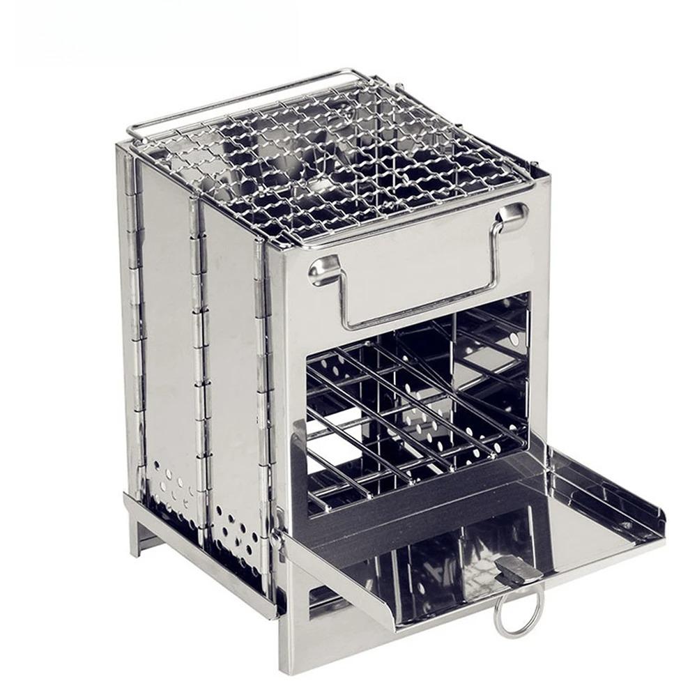 Wood Stove Portable Foldable Stainless Steel Camping Stove With Mini Charcoal Grill Lightweight Barbecue Grill.
