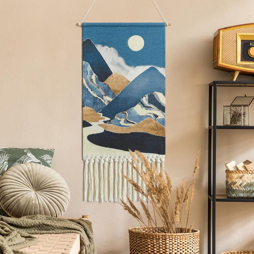 Alynsehom Macrame Woven Wall Hanging Tapestry Boho Wall Art Moon Mountain Chic Home Decor Bohemian Aztec Apartment Dorm Room Backdrop Decoration