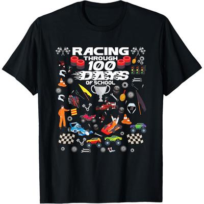 Racing Through 100 Days Of School Race Car Boys Girls Boys Girls Cotton Men T Shirt