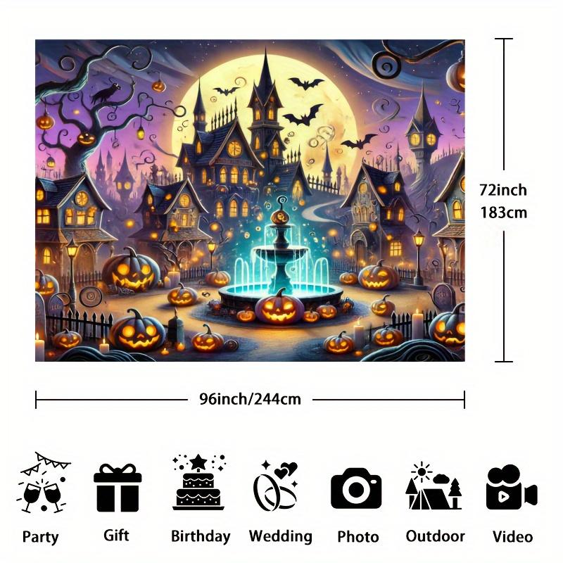 A Halloween Town Photography Background Mysterious Gothic Architecture and Glowing Pumpkins Full Moon