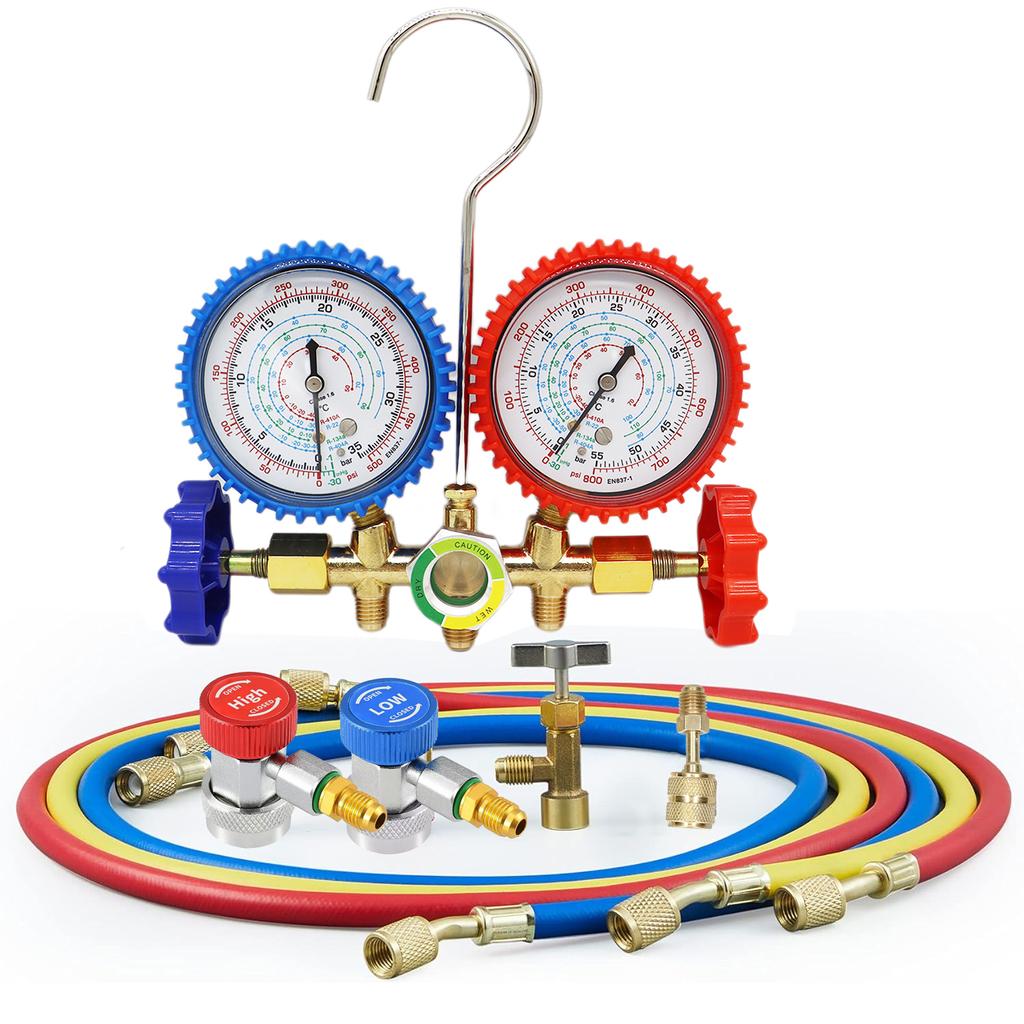 R410A R22 R134A R404A Freon Refill Kit Tool, Car Air Conditioner Pressure Gauge Set, Shock Resistant Pressure Gauge Adapter