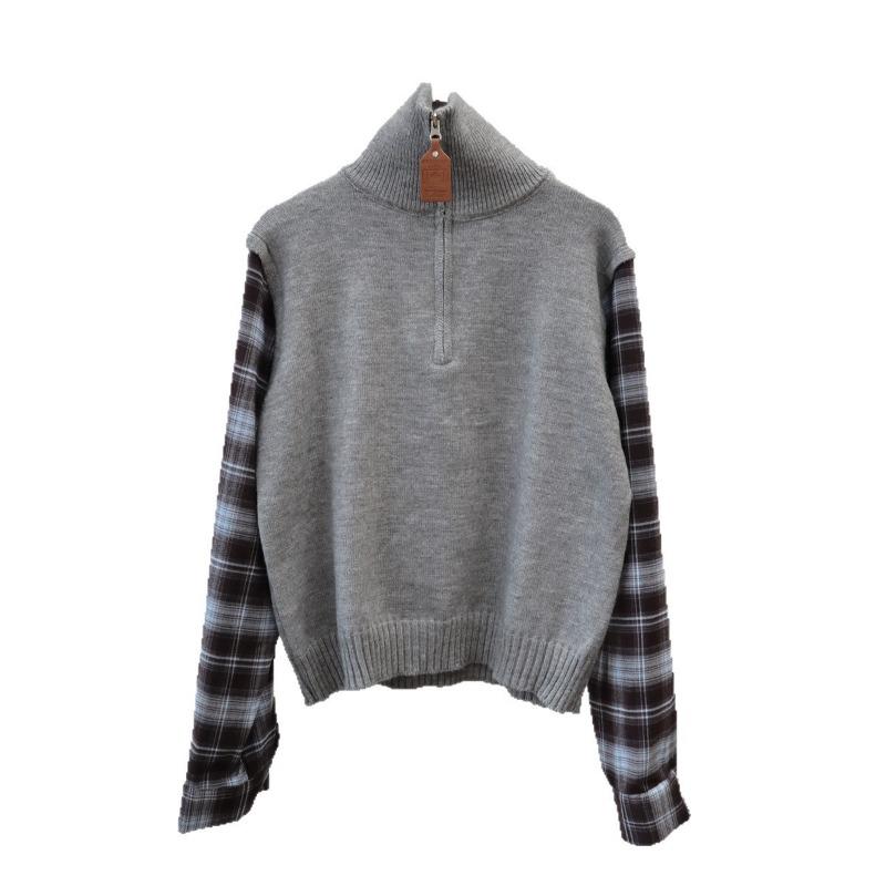 Autumn new splicing plaid shirt fake two-piece sweater pullover design semi-zipper knitted sweater top women