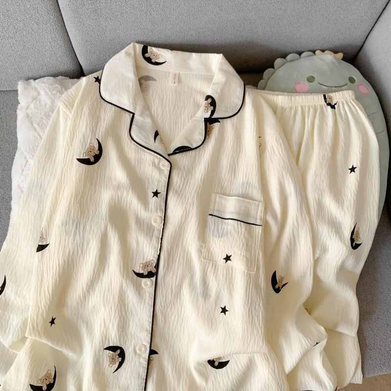 Moon Bear Cartoon Fashion Women's Pajamas Korean Style Casual Soft 2 PC Set Pajamas Autumn Long Sleepwear Lapel Neck New 2025