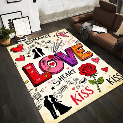 Romantic Love Art Carpet with Hearts, Rose, Silhouettes, and Text Design Suitable for Use As an Anti-slip for Living Room Bedroom Sofas