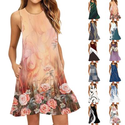 Women's Fashion Beach Dress Sleeveless Round Neck Floral Print Dress