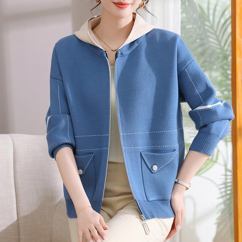 2025 Spring & Autumn Hooded Knit Cardigan for Middle-Aged & Elderly Women