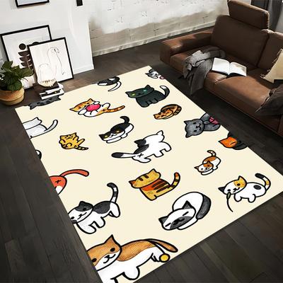 Adorable Cartoon Cats Pattern Carpet Cute Playful Design On Beige Background Suitable for Use As an Anti-slip for Room and Bedroom Sofas