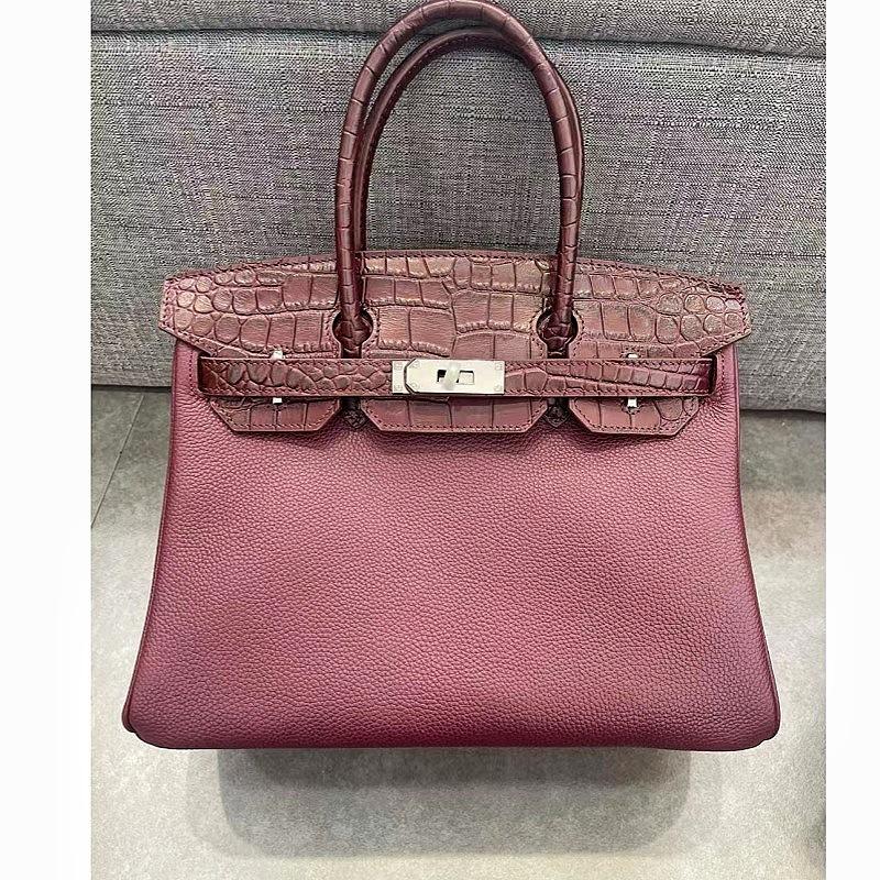 

2025 new leather women s bag first layer cowhide TOGO leather with matte crocodile pattern 30cm platinum bag 30cm бордовий