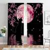 Classic Asian-style Bedroom Curtains with Cherry Blossom and Black Cat Moon Phase Design Living Room Decorative Curtains