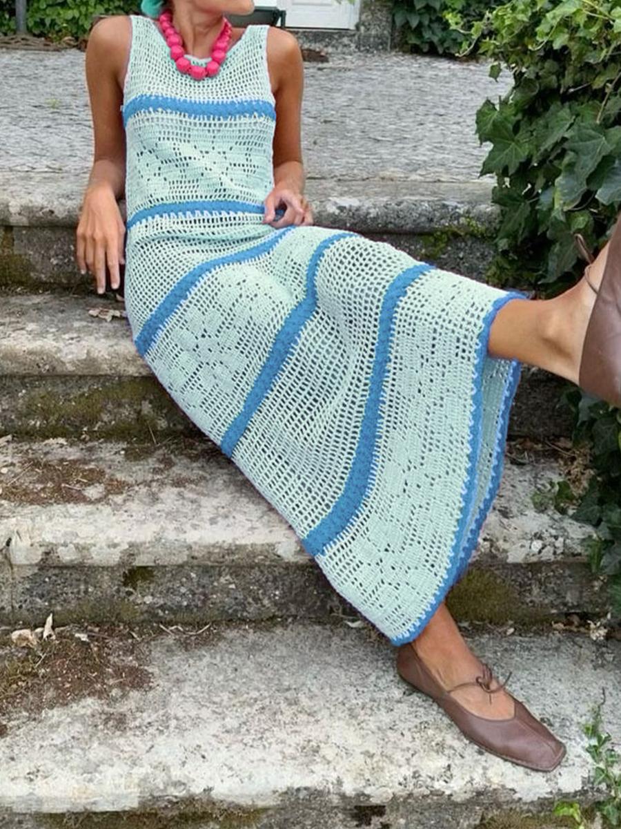 

Knitted Sweater Color Block Backless Hollowed Out Dress Summer Spring XL світло-синій колір