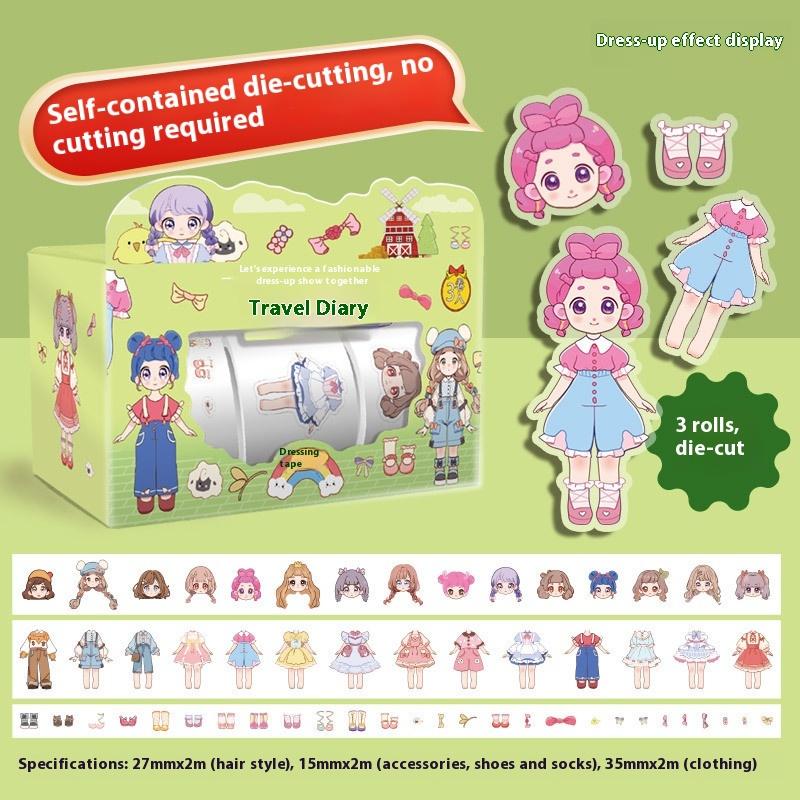 1Pcs Cute Princess Dress Up Waterproof Sticker Girl Cartoon Washi Tape Set Cute Character Decoration Sticker Outdoor Gadgets