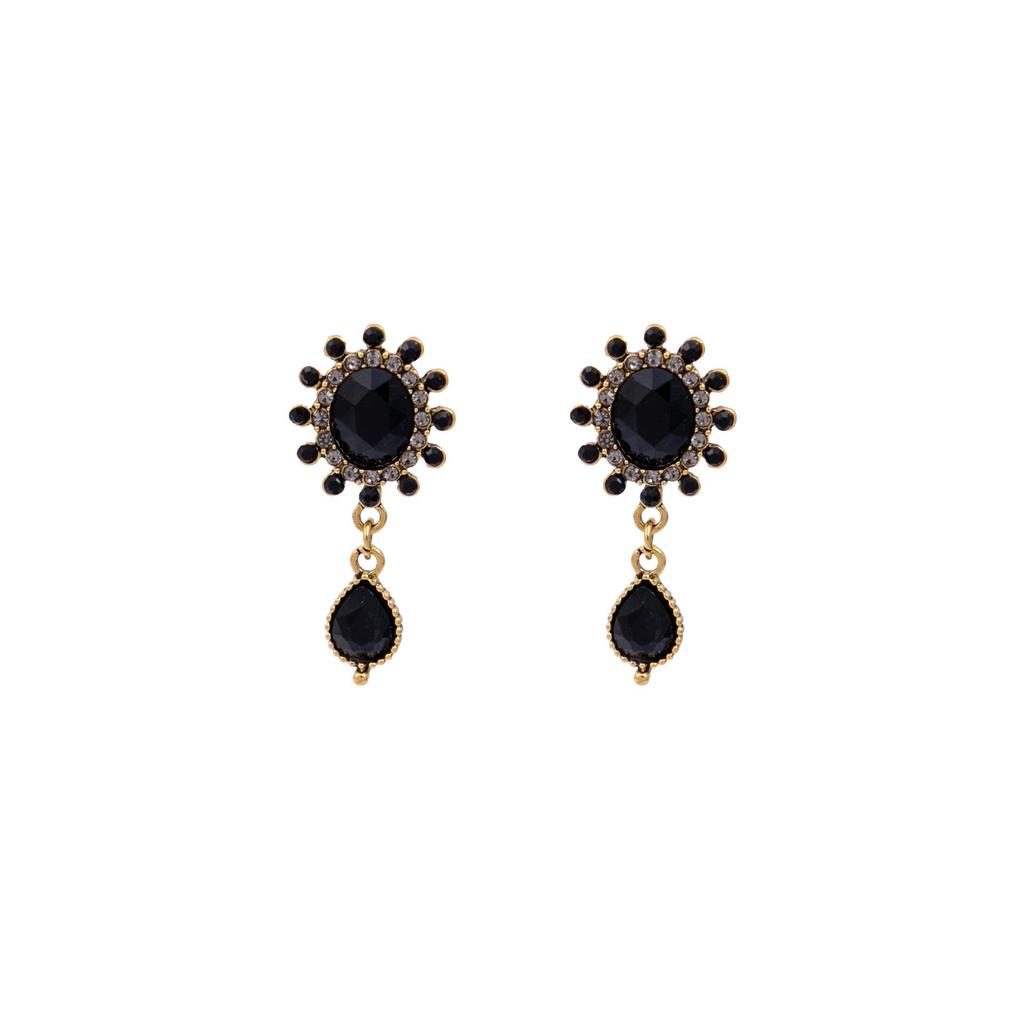 Baroque Black Drop Pendant Earrings with Silver Needle and Geometric Diamond Accents