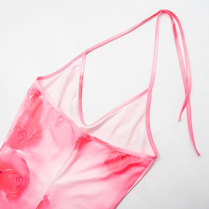 Rochie lungă, subțire, coadă de pește, fără spate, imprimată casual de vară