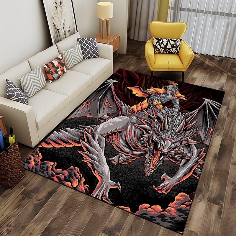 Fire Dragon and Knight Battle Design Carpet, Black and Red Theme Suitable for use as an anti-slip for living room bedroom sofas