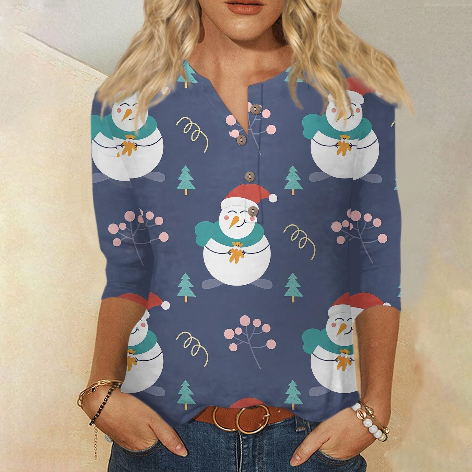 

Женская мода повседневная футболка с круглым вырезом и рукавом 3/4 на пуговицах с рождественским принтом, женская футболка S