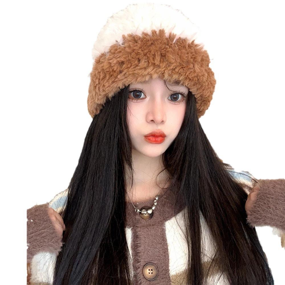 Color Striped Imitation Rabbit Hair Knitted Wool Hat Children's Autumn and Winter Splicing Thickened Warm Plush Ear Protector Crouch Hat