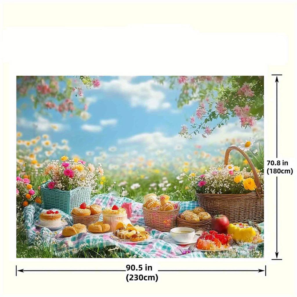 One spring picnic backdrop banner with lush flower patterns and a colorful napkin is perfect for outdoor activities.
