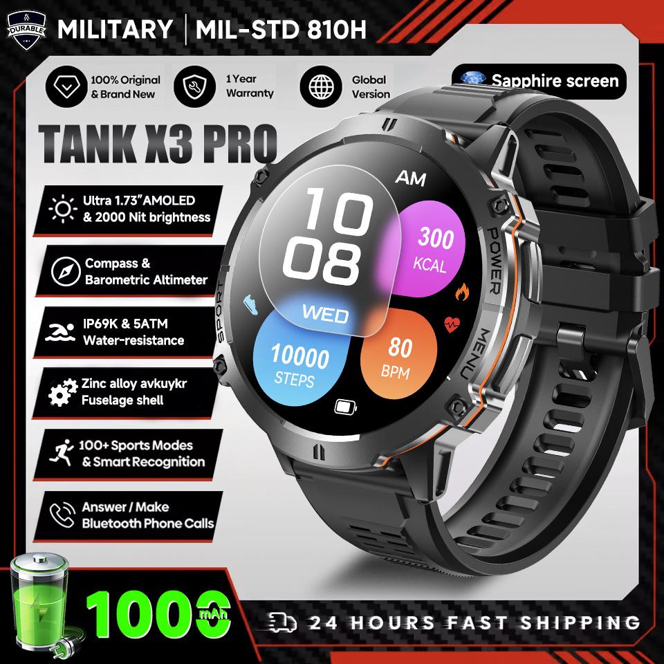 

New Military TANK X3 1000mAh Battery Smart Watch Men 10ATM Waterproof Swim GPS Path 1.75 AMOLED HD Call Sports Smartwatch 1000mAh Big Battery чорний