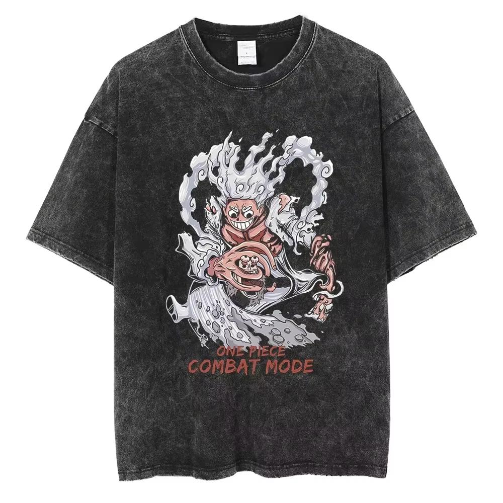 Nika Luffy Gear  ONE PIECE Anime Harajuku Retro Washed Tshirt  Cotton Men Streetwear Women Short Sleeves Unisex Top