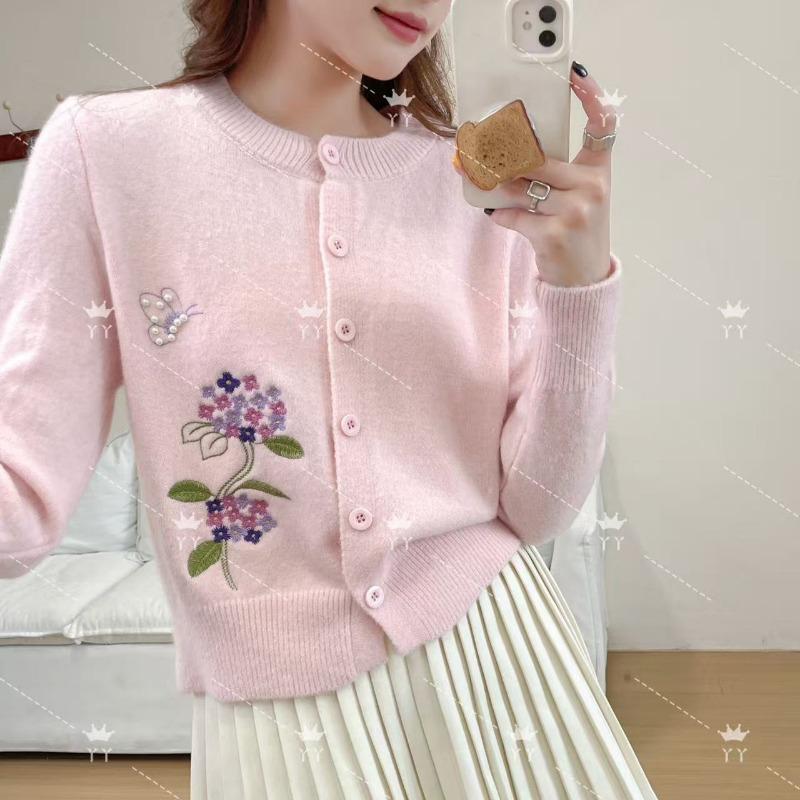 Autumn and Winter New Round Neck Embroidered Single-breasted Retro Simple and Versatile Loose and Thin Knitted Cardigan Women's Sweater Jacket