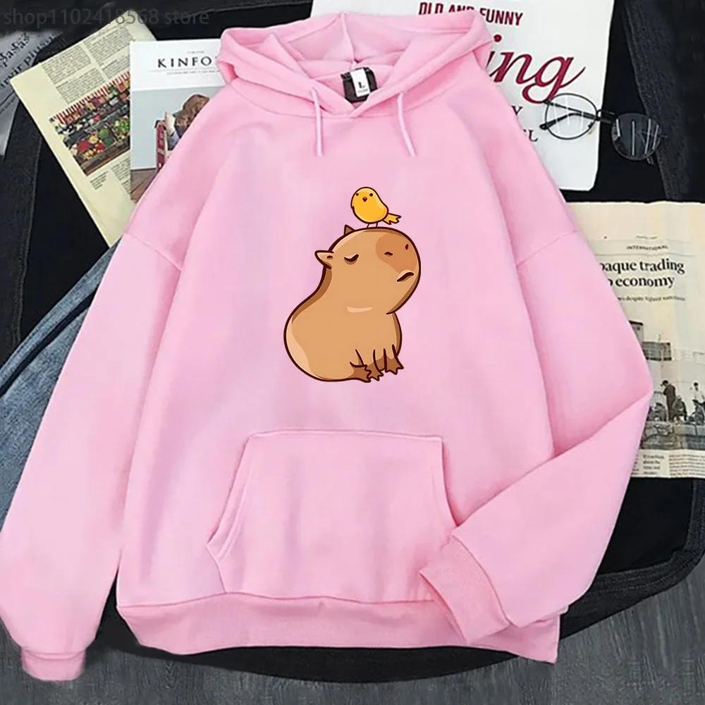 Cartoon Capybara with His Bird Friend Hoodies Women's Kawaii Animal Graphic Sweatshirt Men Tops Clothes