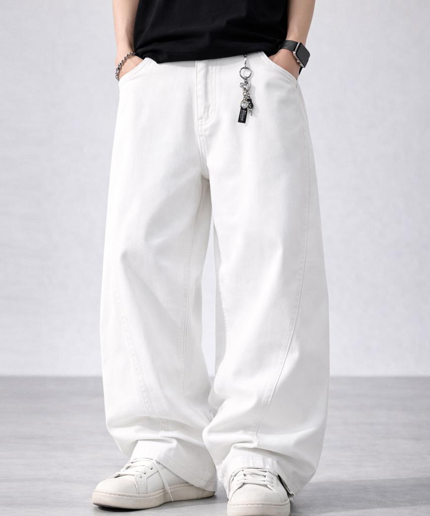 Jikeulib White Curved Cut-Line Wide Cotton Pants