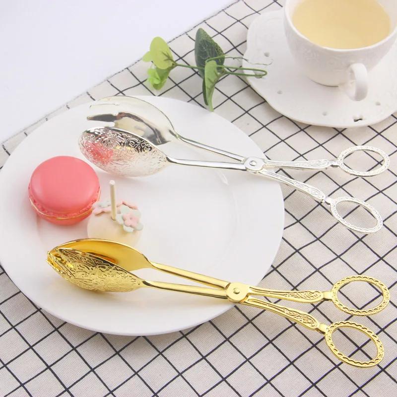 Retro European-Style Gold-Plated Zinc Alloy Cake Salad Dessert Baking BBQ Food Tongs Snack Clip Pastry Clamp