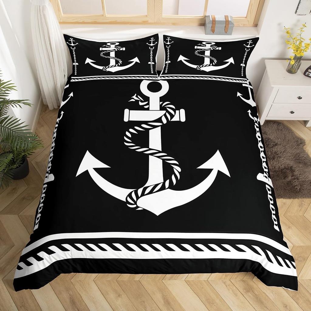 Nautical Anchor Duvet Cover,Geometric Stripes Anchor Bedding Set Twin For Boys Girls Room Decor,Ocean Adventure Comforter Cover