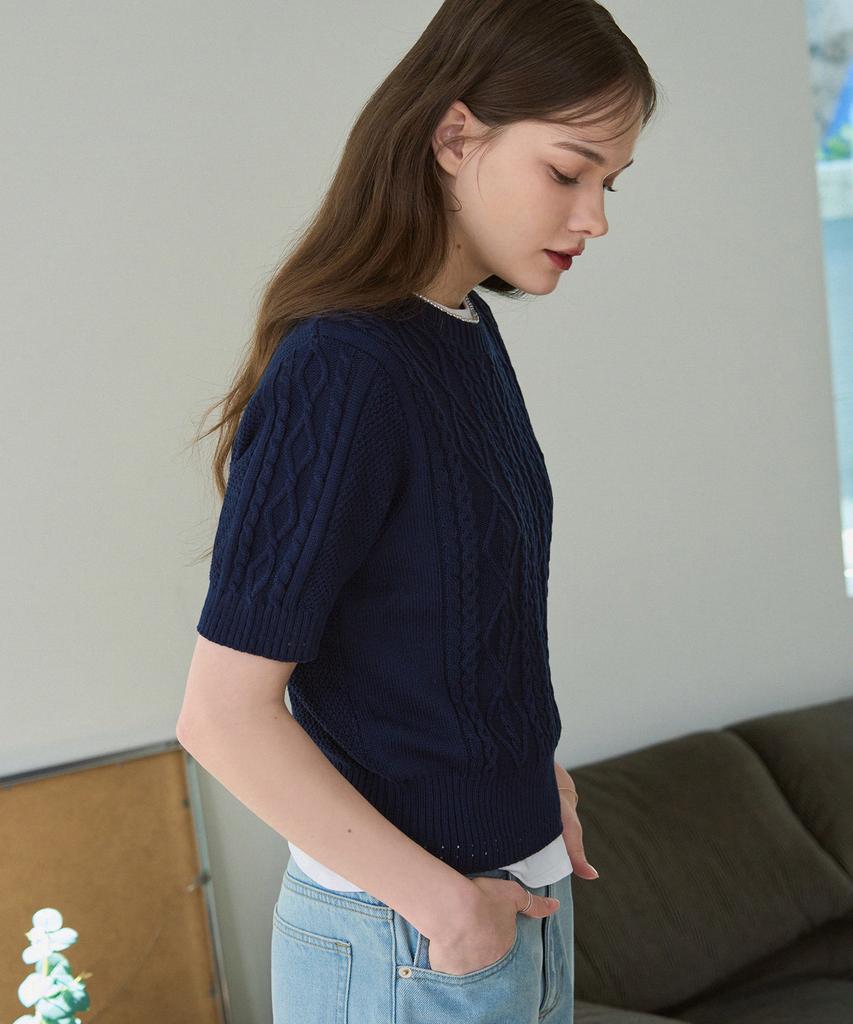 Deuloupisumeon Scalloped Cable Short Sleeve Knit [Navy]