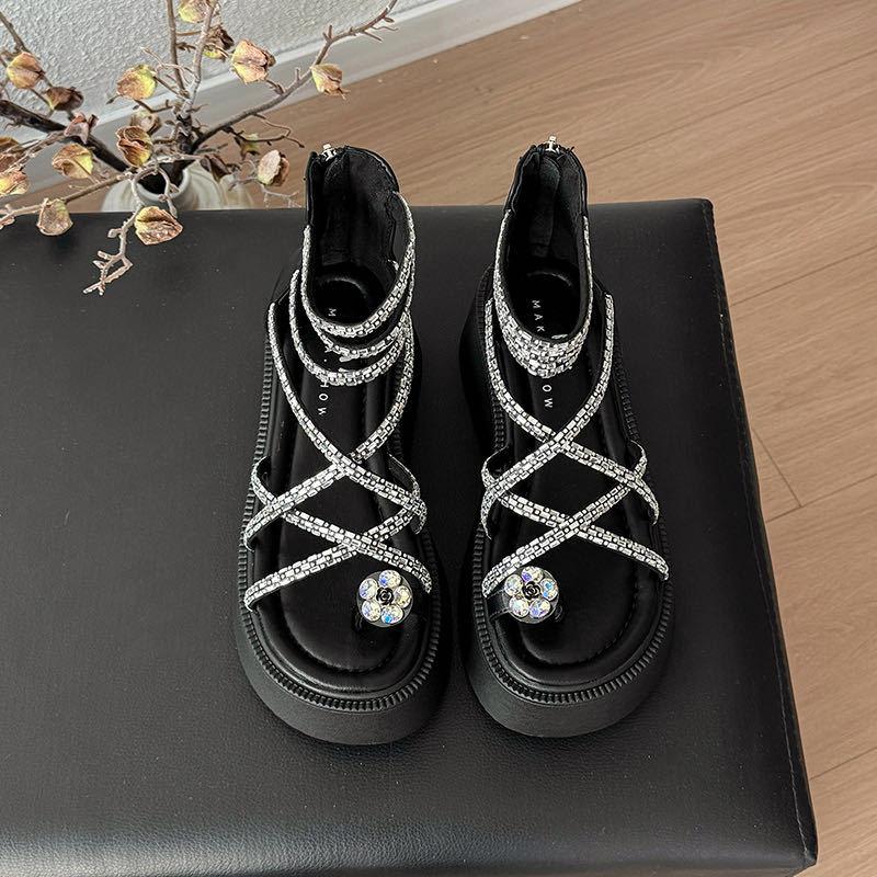 

2025 new fashionable thick-soled silver casual shoes summer versatile retro high-end breathable Roman height-increasing sandals 35