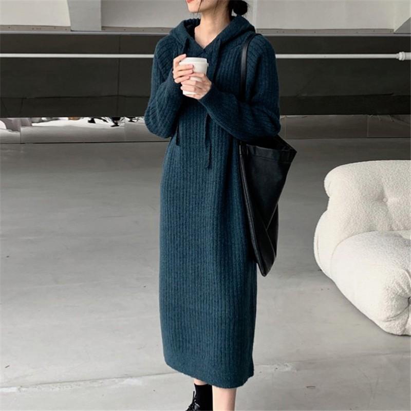 Long base knitted dress women's autumn and winter new with coat inside loose lazy hooded sweater skirt
