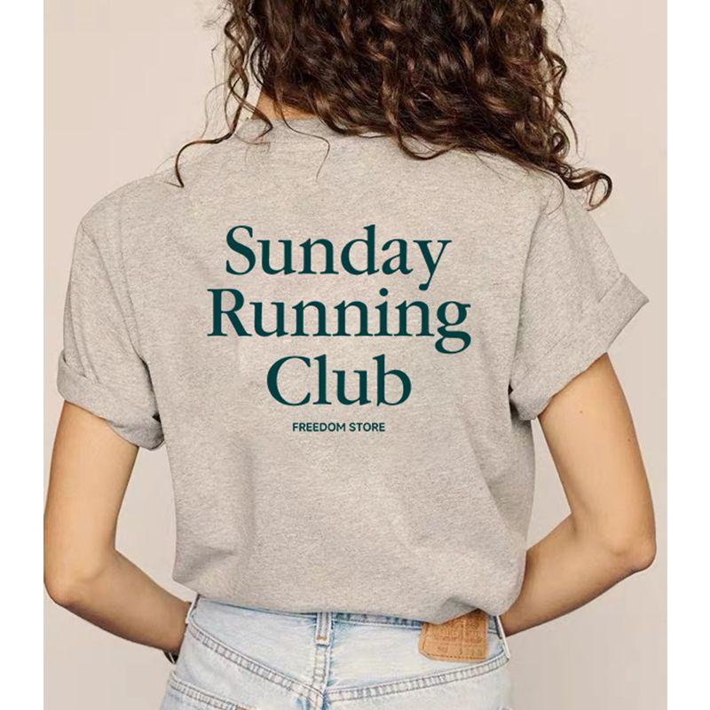 Sunday Running Club American Vintage Sports Style Letter Print Cotton Shoulder Short Sleeve T-shirt Women